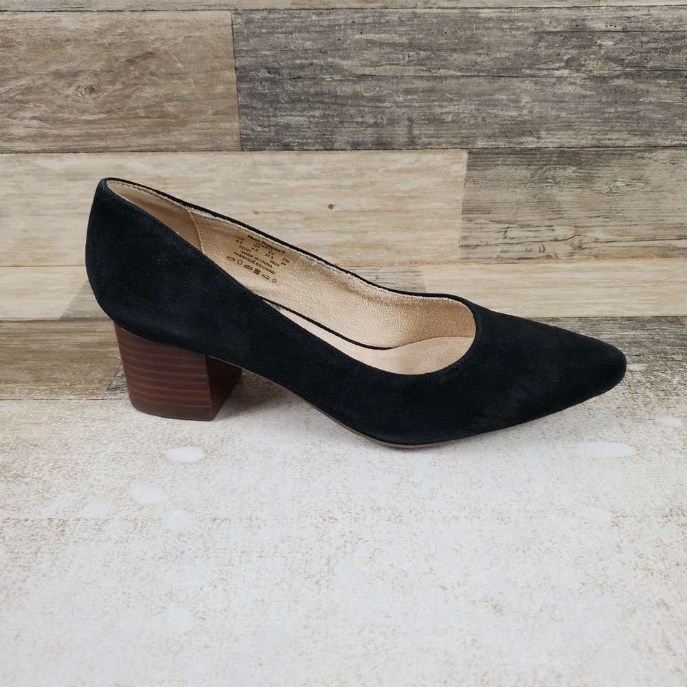 Hush Puppies Sofie Womens Pumps Sz 7 Black Natural Suede Block Heel Pointed Toe